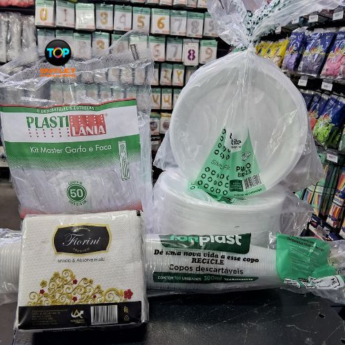 Kit Churrasco/Festa/Evento Descartável 50 peças Prato de Isopor + Guardanapo + Garfo + Faca + Copo Resistentes