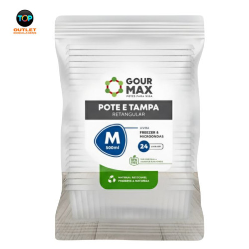 Kit Pote e Tampa Retangular M 500ml - pacote com 24 unidades - Gourmax